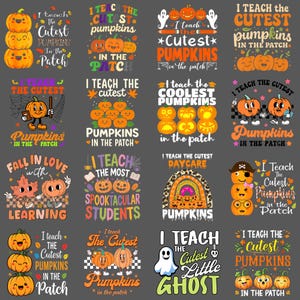 May include: A collection of Halloween-themed graphic designs featuring pumpkins and text. The designs include phrases like "I teach the cutest pumpkins" and "Fall in love with learning." The color palette includes orange, black, and white.