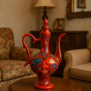 May include: A vibrant red ceramic pitcher with a long spout and handle, adorned with colorful floral patterns. The decorative pitcher is placed on a round wooden table, showcasing its intricate design and craftsmanship. The pitcher is approximately 12 inches tall.
