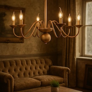 Puede incluir: Una lámpara de araña dorada con seis luces en forma de vela cuelga sobre un sofá marrón con mechones y una mesa de centro de madera. La lámpara de araña tiene brazos curvos y un tallo central. La habitación tiene una estética vintage y un ambiente cálido.