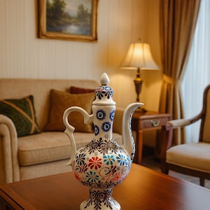 Può includere: Una teiera decorativa in ceramica bianca con un motivo floreale rosso, blu e bianco. La teiera ha un manico e un beccuccio curvi e poggia su un tavolo di legno marrone scuro. Lo sfondo include un divano, una lampada e un'opera d'arte.