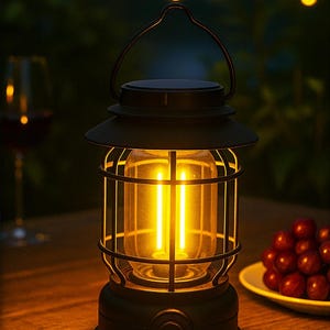 Puede incluir: Una linterna negra de estilo vintage con un brillo amarillo cálido. La linterna tiene un asa y un diseño en forma de jaula alrededor de la fuente de luz. Se encuentra sobre una superficie de madera, con uvas y una copa de vino en el fondo.