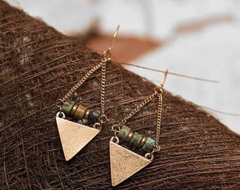 Geometric Turquoise Brass Drop Earrings Turquoise on Brass Earrings Triangle Ethnic Earrings Minimalist Style Earrings Dec Birthday Gift