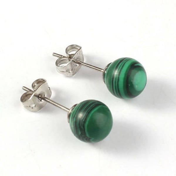 8mm Green Malachite Small Ball Round Hypogenic Dainty Tiny Stud Earrings for Women Men Girls Teens April Birthday Gift Crystal Healing