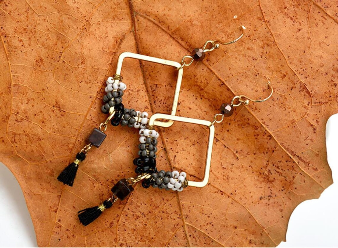 Tassel Drop Earrings Geometric Tassel Dangle Gold Earrings Etsy