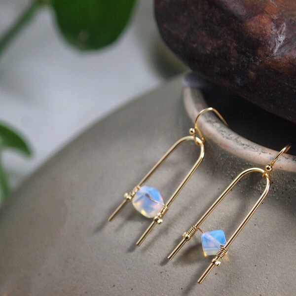 Crystal Earrings Raw Crystal Dangle Earrings Gold Hoop Earrings Clear Quartz Earrings Dangle Iridescent Earring with Amazonite Jasper