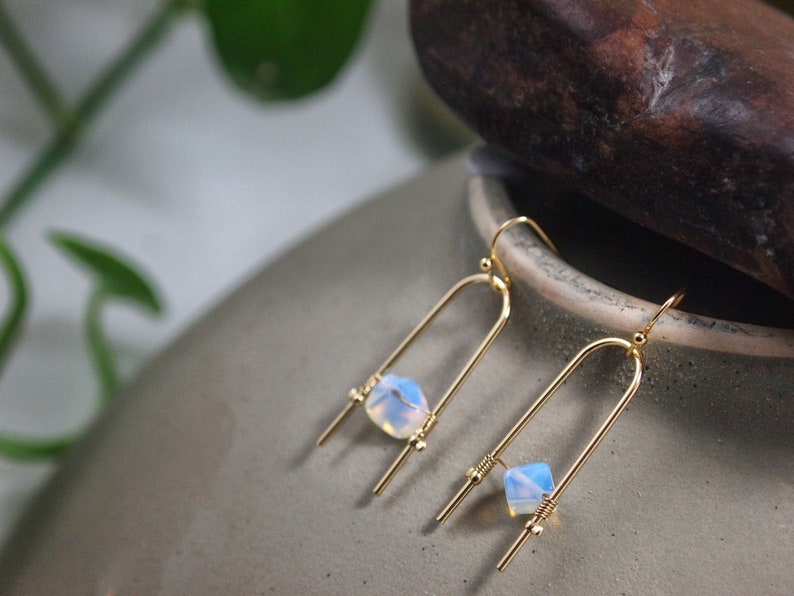 Geometric Handmade Gold Earrings Opalite Earrings Iridescent Crystal Earrings Jasper Earrings Amazonite Earrings Geometric Iridescent