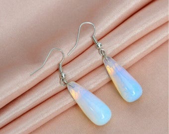 Glass Opalite Earrings Green Peridot Glass Gumetal Teardrop Earrings 32mm Tall 11mm Wide