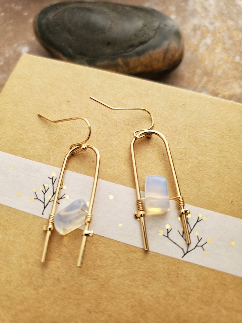 Geometric Handmade Gold Earrings Opalite Earrings Iridescent Crystal Earrings Jasper Earrings Amazonite Earrings Geometric Iridescent