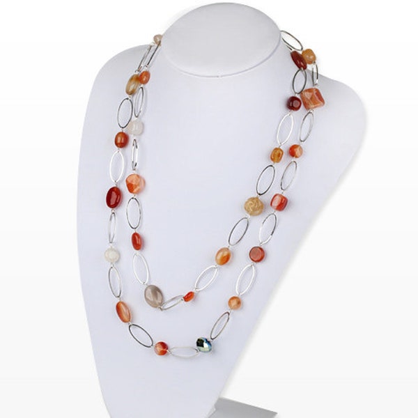 Agate Stone on Silver Long Layered Multi-Styled Necklace with Different Configurations Birthday Gift for September