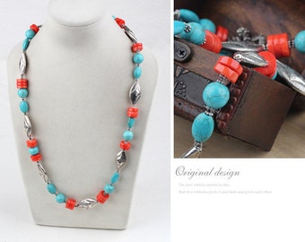 Coral Necklace Coral and  Turquoise Necklace Turquoise Coral Necklace Red Coral & Turquoise Necklace Mid-Length Necklace  Anniversary Gift