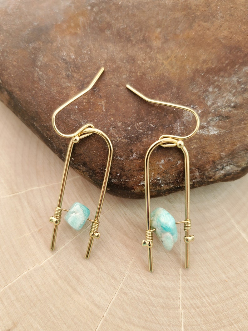 Geometric Handmade Gold Earrings Opalite Earrings Iridescent Crystal Earrings Jasper Earrings Amazonite Earrings Geometric Iridescent