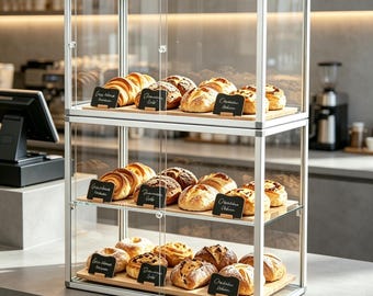 Acrylic Pastry Display Case with Metal Stand, 3-Tier Bread Holder for Bakery & Cafe