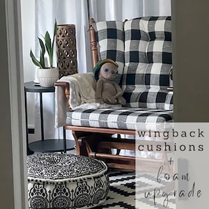 May include: A black and white checkered wingback chair with a plush cushion and a stuffed toy sitting on it. The chair is in front of a black and white patterned rug. The text "wingback cushions + foam upgrade" is visible in the image.