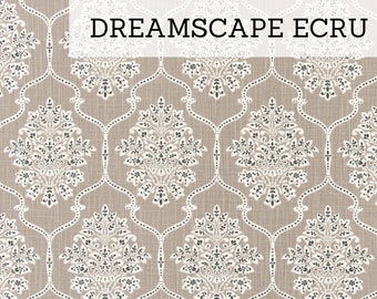 May include: A close-up of a beige fabric with a white and gray damask pattern. The fabric has a subtle texture and is called "DREAMSCAPE ECRU".