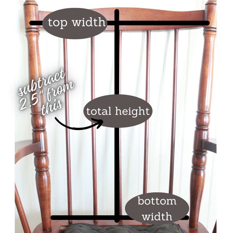 May include: A wooden rocking chair with a brown finish. The chair has a high back and a wide seat. The chair is labeled with measurements for the top width, total height, and bottom width.