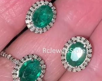 Natural Emerald Gemstone Jewelry Set, Pave Diamond Ring, 925 Sterling Silver Earring, Handmade Gift