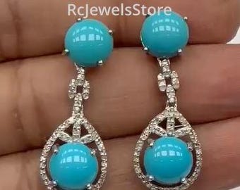 Natural Turquoise Gemstone Dangle Drop Earrings, Pave Diamond, 925 Sterling Silver, Engagement Gift