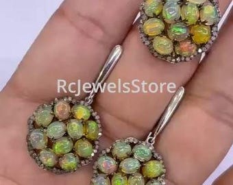Ethiopian Opal Ring and Earring Set, Pave Diamond, Sterling Silver Jewelry