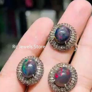 Opal & Ruby Jewelry Set, Pave Diamond Ring, 925 Sterling Silver Earrings, Anniversary Gift