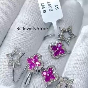 925 Sterling Silver Jewelry Set, Natural Ruby Gemstone Ring, Pave Diamond Earring, Birthday Gift