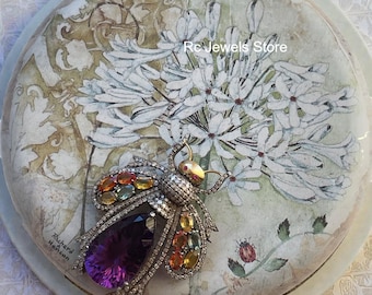925 Sterling Silver, Amethyst & Sapphire Gemstone Brooch, Pave Diamond Bug Pin, Birthday Gift
