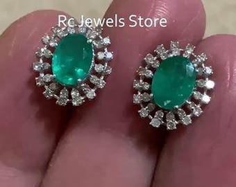 Emerald Stud Earring, Pave Diamond, 925 Sterling Silver, Handmade Jewelry