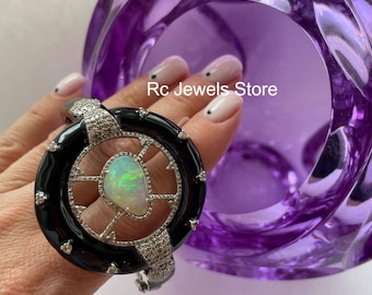 925 Sterling Silver, Natural Opal Gemstone Bangle, Pave Diamond Enamel, Handmade Jewelry,  Birthday Gift
