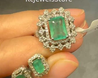 Emerald Diamond Jewelry Set, 925 Sterling Silver Ring and Stud Earrings, Handmade Anniversary Gift