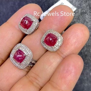 Natural Ruby Gemstone Jewelry Set, Pave Diamond Earring, 925 Sterling Silver Ring, Anniversary Gift