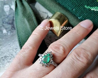 Natural Emerald Sterling Silver Ring, Pave Diamond Handmade Jewelry