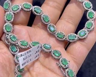 Handmade Emerald Gemstone Bracelet, Pave Diamond, 925 Sterling Silver, Women's Fashion Jewelry Gift