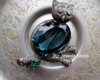 天然ブルートパーズブローチピン、カイヤナイト宝石パヴェダイヤモンド