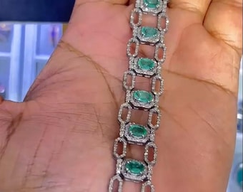 Natural Emerald Gemstone Bracelet, 925 Sterling Silver, Pave Diamond, Handmade Jewelry, Birthday Gift