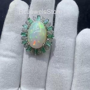 Natural Ethiopian Fire Opal Gemstone Ring, 925 Sterling Silver Ring, Emerald Gemstone Ring,Pave Diamond Ring, Handmade Jewelry,Birthday Gift