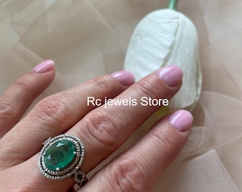 925 Sterling Silver Ring, Natural Emerald Gemstone Ring, Pave Diamond Ring, Handcrafted Fine Jewelry, Perfect Anniversary Gift For Women