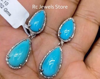 Natural Sleeping Beauty Turquoise Dangle Earring, Pave Diamond, 925 Sterling Silver Jewelry, Birthday Gift