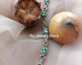 925 Sterling Silver, Natural Emerald Gemstone Bracelet, Pave Diamond, Handmade Jewelry, Wedding Anniversary Gift