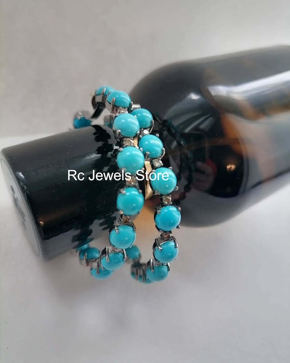 Pave Diamond, Natural Turquoise Gemstone Hoop Earrings, 925 Sterling Silver, Handmade Jewelry, Birthday Gift