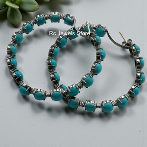 Pave Diamond, Natural Turquoise Gemstone Hoop Earrings, 925 Sterling Silver, Handmade Jewelry, Birthday Gift image 4