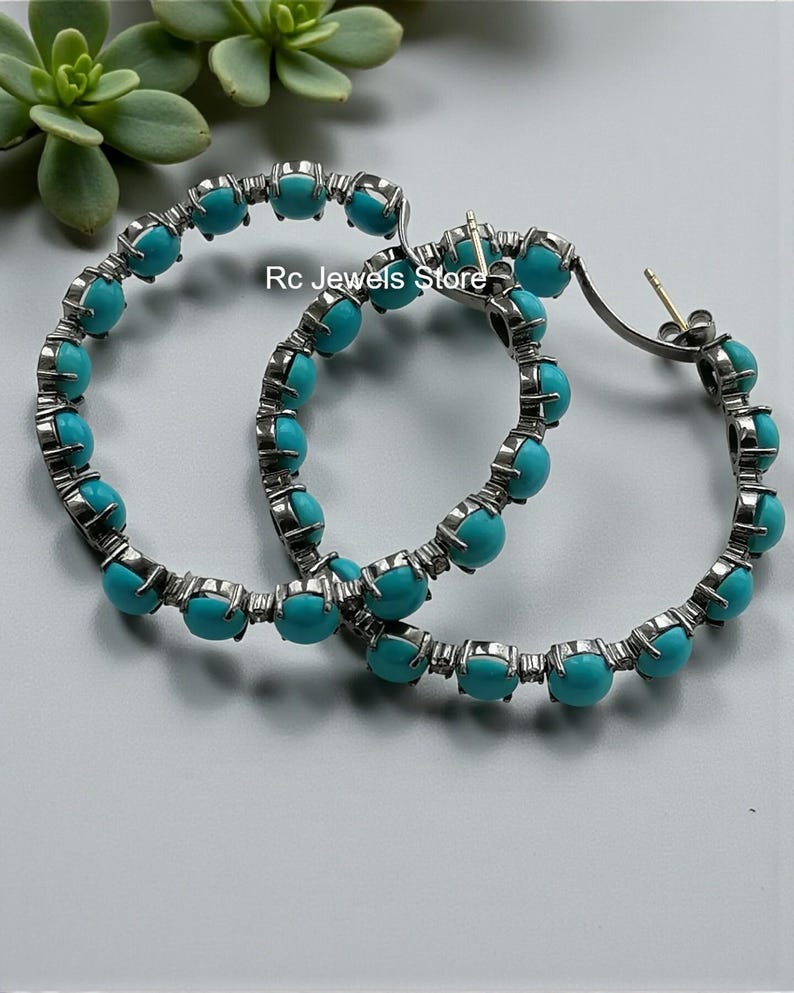 Pave Diamond, Natural Turquoise Gemstone Hoop Earrings, 925 Sterling Silver, Handmade Jewelry, Birthday Gift image 4