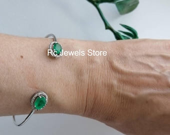 Brazalete de esmeralda natural, plata de ley 925, pavé de diamantes, hecho a mano