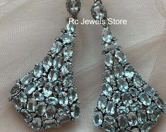Natural Aquamarine Dangle Gemstone Earrings, Pave Diamond, 925 Sterling Silver, Wedding Anniversary Gift