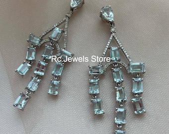 Natural Aquamarine Gemstone Dangle Earrings, Pave Diamond, 925 Sterling Silver, Birthday Gift