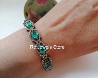 925 Sterling Silver, Emerald Gemstone Link Bracelet, Pave Diamond, Handmade Jewelry, Birthday Gift