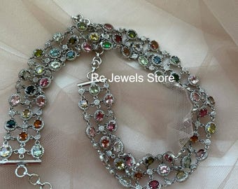 Natural Multi Tourmaline Gemstone Necklace, 925 Sterling Silver, Pave Diamond, Handmade Jewelry, Anniversary Gift