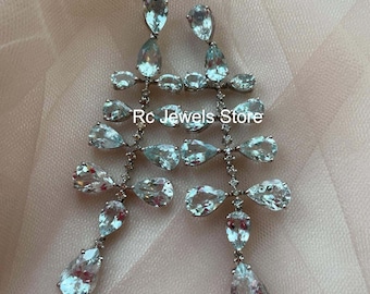 925 Sterling Silver, Natural Aquamarine Gemstone Earring, Pave Diamond, Dangle Drop Earring, Wedding Gift