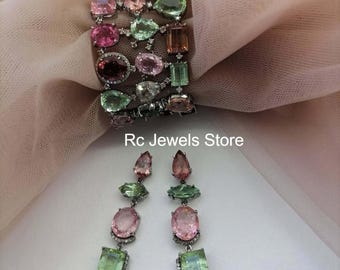 Natural Multi Tourmaline Gemstone Earring, 925 Sterling Silver Jewelry Set, Pave Diamond Bracelet Gift