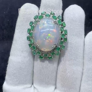 Natural Emerald Gemstone Ring, 925 Sterling Silver Ring, Ethiopian Opal Gemstone Ring, Pave Diamond Ring, Handcrafted Jewelry, Wedding Gift