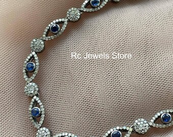 Handcrafted Natural Sapphire Gemstone Necklace, Pave Diamond, 925 Sterling Silver, Surprise Birthday Gift