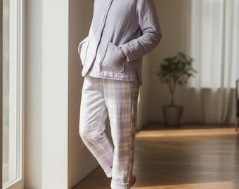 Conjunto de pijama de invierno: pantalones de pijama de algodón acolchado y cuadros, pijamas a juego para él y para ella